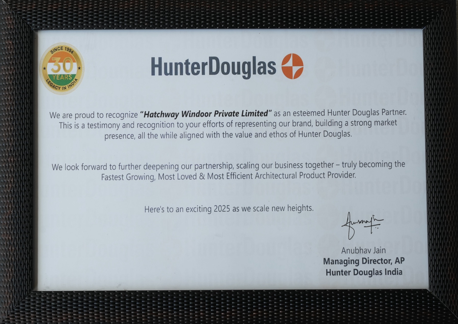 Hunter Douglas — Esteemed Partner Recognition (Anubhav Jain, MD AP)