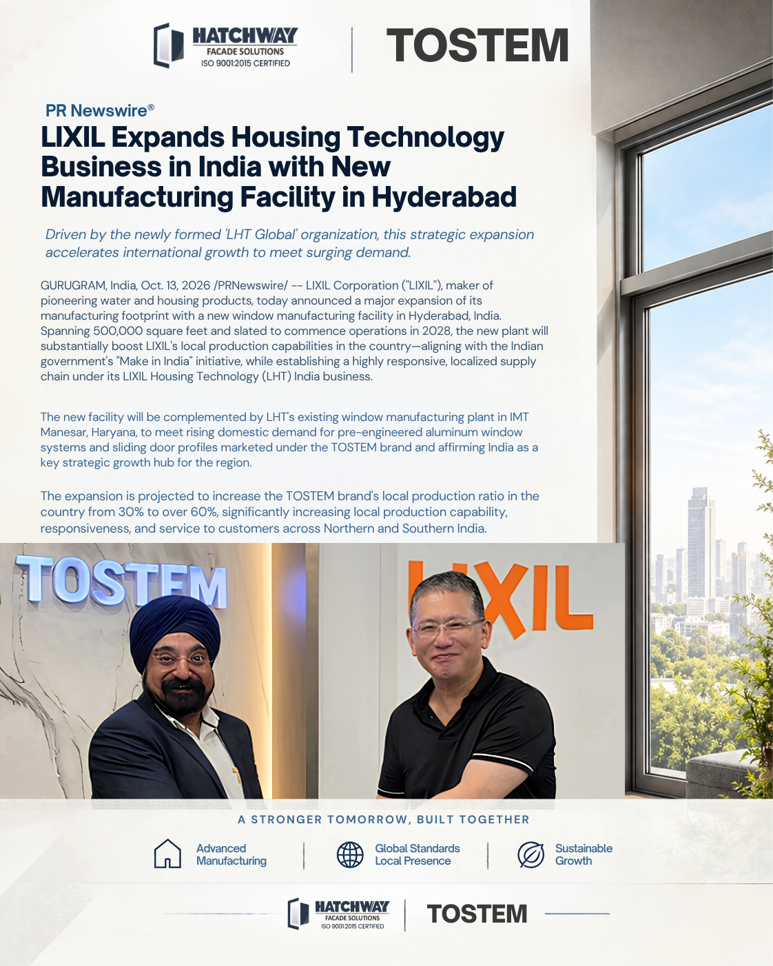 LIXIL Expands in India with New Hyderabad Manufacturing Facility for TOSTEM Windows